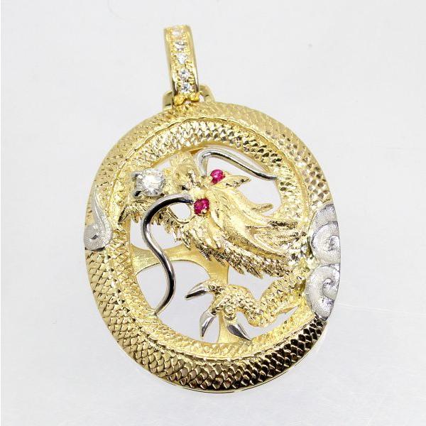 ◎中古美品◎１８金，プラチナ　ダイヤ　0.221ｃｔ　ルビー　0.07ct　龍彫　ペンダント