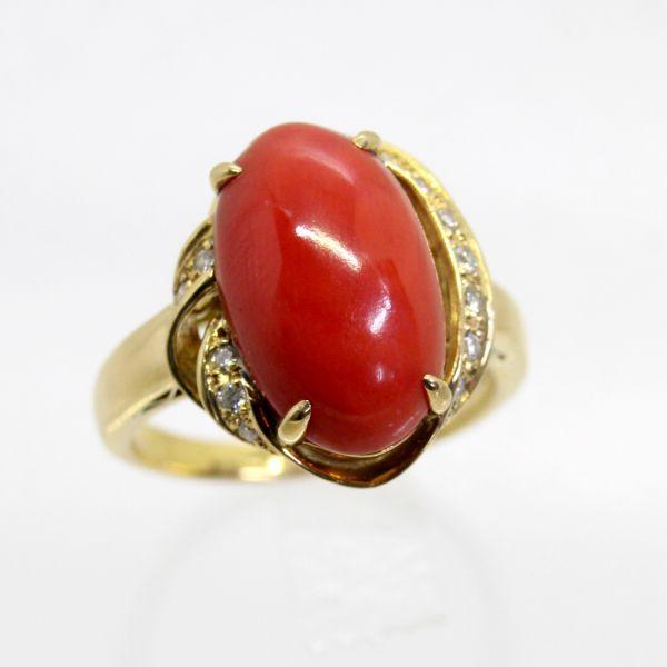 ◎中古美品◎１８金　赤サンゴ　ダイヤ　0.13ｃｔ　リング　11号