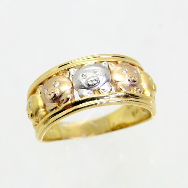 ◎中古美品◎１８金YG, PG　プラチナ　ダイヤ　0.05ct　ブタさんデザイン　リング　16号