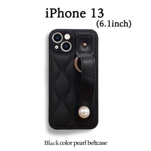 iPhone13 ケース ベルト パール お洒落 キルティング 韓国 かわいい iPhone 13 6.1 ベルト付 クッション おしゃれ 軽量 TPU Black color｜andselect