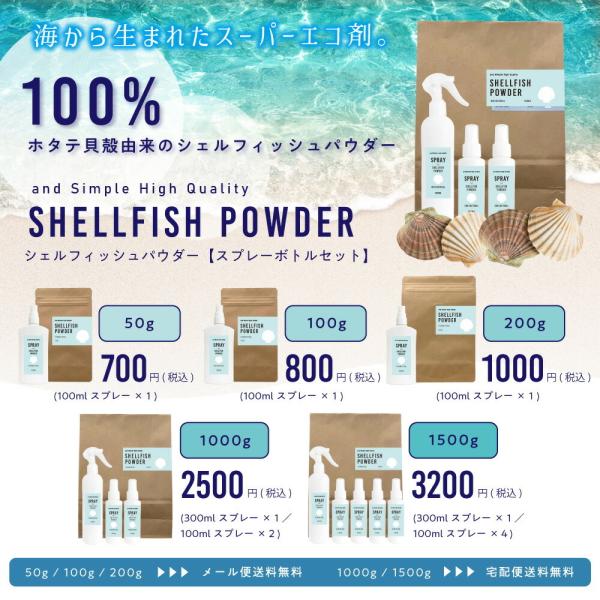 ホタテ貝殻焼成パウダー 100%自然由来シェルフィッシュパウダー50g + 100mlスプレーボトル...