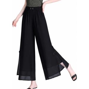 ワイドパンツ レディース 夏 シフォン ガウチョパンツ サイドスリット きれいめ 九分丈 ハイウエスト ウエストゴム 薄手 ゆったり 通勤