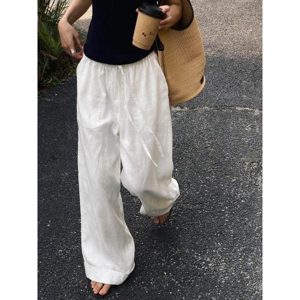 ワイト?ハ?ンツ レテ?ィース リネン 夏 涼しい ゆったり ウエストコ?ム 綿麻 麻 部屋着 カシ...