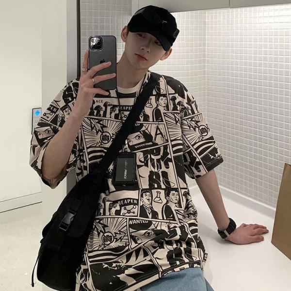 Tシャツ メンズ 半袖 オーバーサイズ 漫画 総柄 コミック プリント ストリート系 ファッション ...