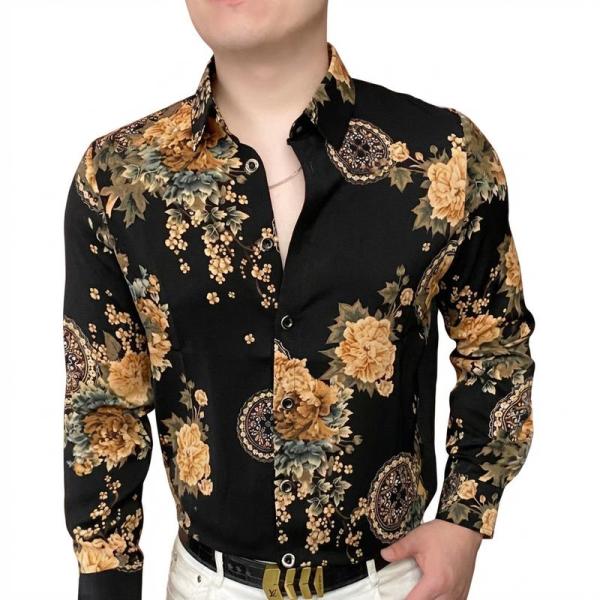 シャツ メンズ 長袖 総柄 花柄 華やか ヨーロピアン バロック お洒落 ホスト ちょいワル カジュ...