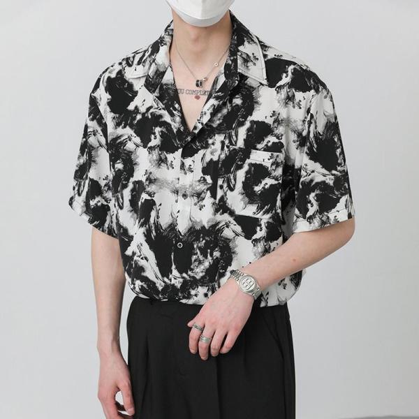 シャツ メンズ 半袖 柄シャツ オープンカラー 開襟 水墨画風 アートプリント 総柄 ビッグシルエッ...