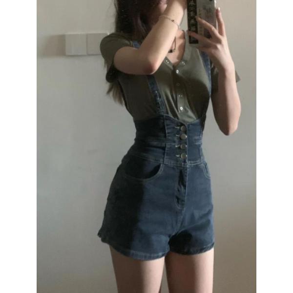 サロペット レディース デニム ショートパンツ ハイウエスト 吊りズボン 着痩せ 美脚 ジーンズ ホ...