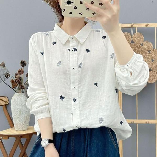 シャツ レディース 長袖 刺繍 リーフ柄 ホワイト ダブルガーゼ シャツ ブラウス コットン トップ...