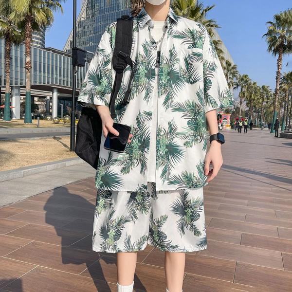 アロハシャツ セットアップ メンズ 夏 半袖 上下セット ボタニカル柄 リーフ柄 オープンカラー シ...