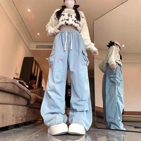 カーゴパンツ レディース デニム ワイドパンツ ジーンズ ストリート 裾絞り ワークパンツ ゆる ダ...
