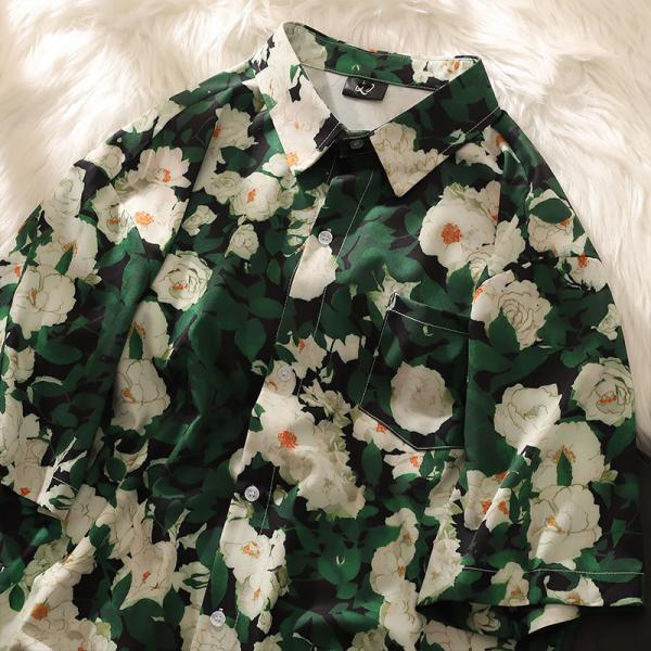 アロハシャツ レディース 半袖 花柄シャツ ヴィンテージ風 レトロ バラ総柄 グリーン オーバーサイ...
