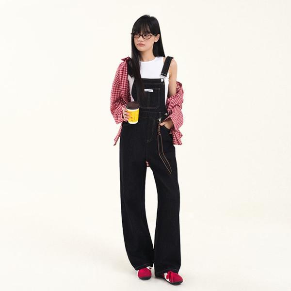 サロペット デニム レディース オーバーオール ワイドパンツ ハイウエスト ストレート ジーンズ ジ...