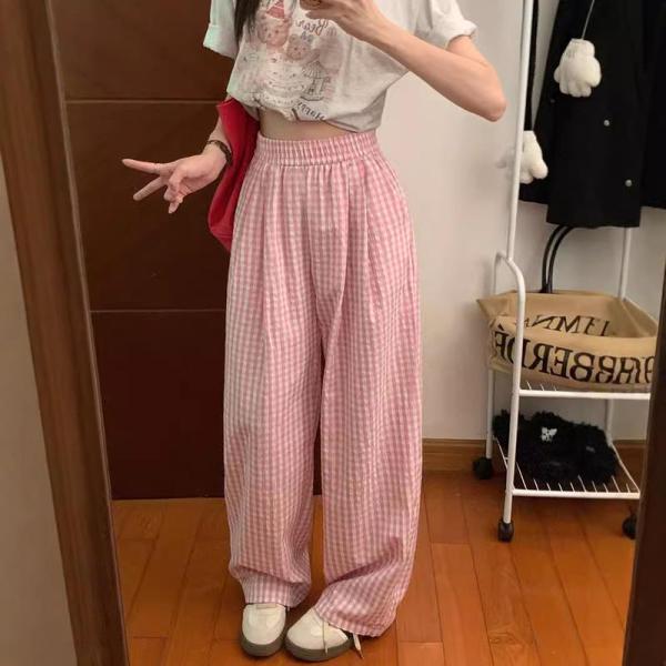 チェックパンツ レディース イージーパンツ ギンガムチェック ハイウエスト ワイドパンツ ゆったり ...