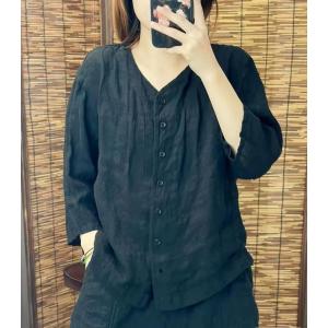 綿麻 ブラウス レディース 七分袖 トップス リネン シャツ ゆったり Ｖネック 前開き ナチュラル カジュアル 体型カバー 春 夏 秋