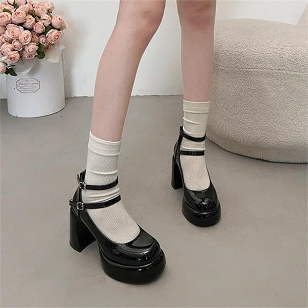 パンプス レディース メリージェーン 厚底 チャンキーヒール ダブルストラップ 太ヒール スクエアト...