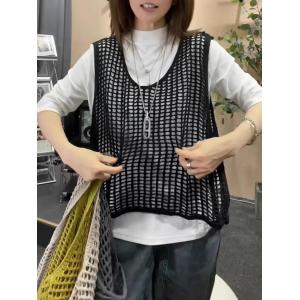 透かし編み ベスト レディース メッシュ ニット ジレ サマーニット トップス ゆったり 重ね着 クルーネック 抜け感 カジュアル 無地