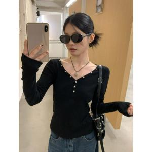 カットソー レディース 長袖 Vネック 星柄 スタッズ ヘンリーネック スリム タイト 着痩せ ロンT ストレッチ リブ トップス 韓国風