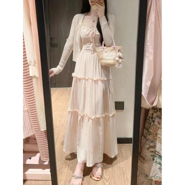 ティアードワンピース キャミソール レディース ロング マキシ丈 大人可愛い フリル リボン 編み上...