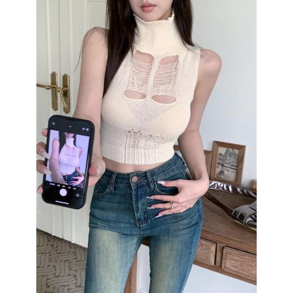 ニットタンクトップ レディース セクシー ダメージ加工 ハイネック 胸開き カットアウト ショート丈...