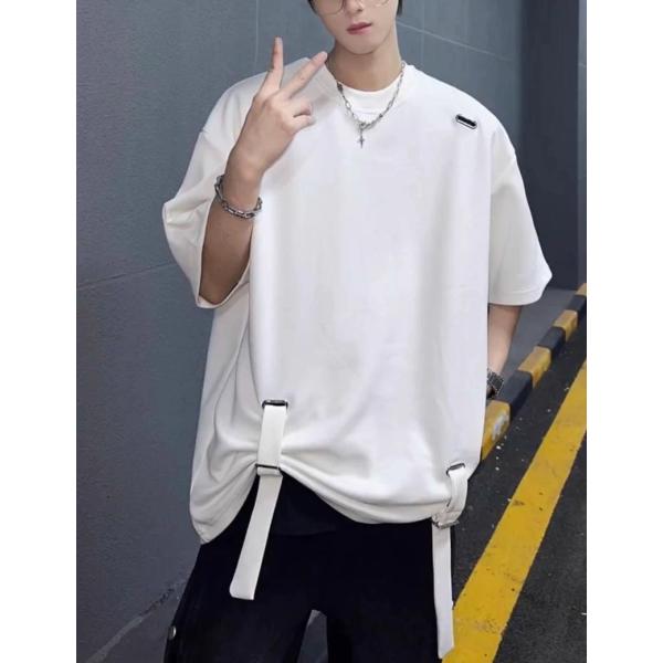 Tシャツ メンズ 半袖 オーバーサイズ ストリート系 カットソー リング付き ストラップ モード系 ...