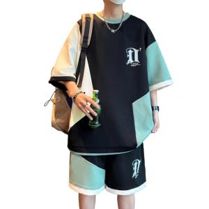 メンズ セットアップ 夏 上下セット 半袖 Tシャツ ハーフパンツ 大きいサイズ 切替 ビッグシルエット ストリート系 パッチワーク