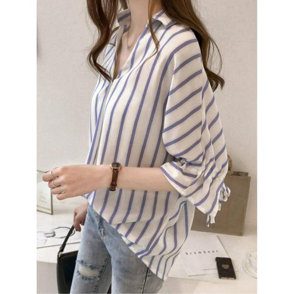 シャツ レディース ブラウス ストライプ 七分袖 スキッパーシャツ ゆったり 体型カバー 大人可愛い...
