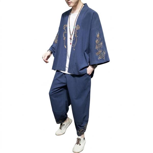 メンズ 上下セット 龍刺繍 和柄 作務衣 夏 中華風 羽織 サルエルパンツ 部屋着 祭り 涼しい 綿...
