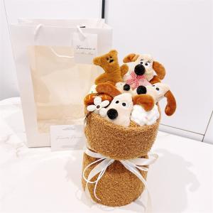 花束 ブーケ 母の日 ギフト ぬいぐるみブーケ ワンコ 丸型バケツ リボン付き メッセージカード 可愛い プレゼント 誕生日 ギフト 妻