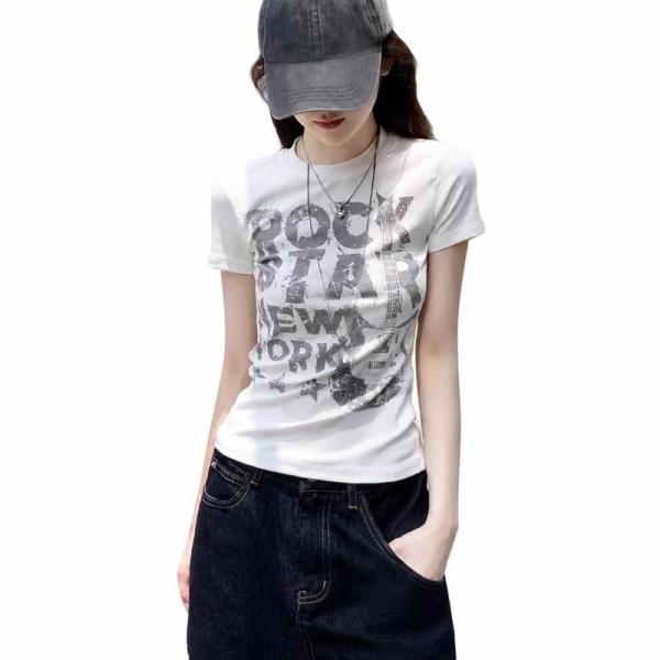 Tシャツ レディース 半袖 レトロ バンドプリント アメカジ グランジ 着痩せ ストレッチ リブ グ...