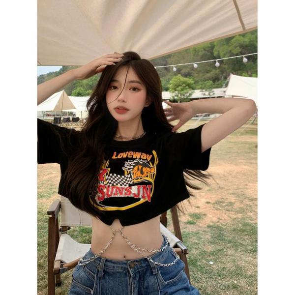 Tシャツ レディース 半袖 クロップド丈 ヘソ出し チェーン付き 韓国 ストリート系 ギャル トップ...