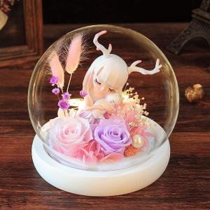 プリザーブドフラワー 鹿角少女 フィギュア 永遠の花 ガラスドーム 赤いバラ プレゼント ソープフラワー LEDライト付き 女性 友達 娘