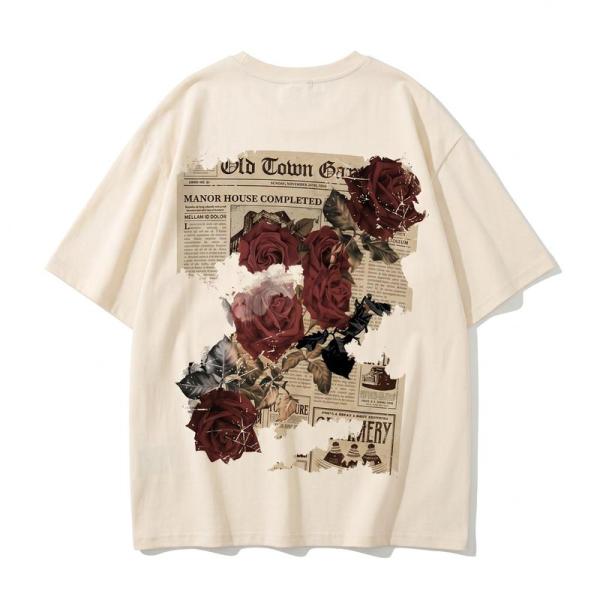 メンズ ティーシャツ 半袖 ビッグシルエット バックプリント 薔薇 レトロ ニュースペーパー柄 スト...