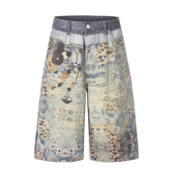 デニムパンツ ショートパンツ Y2K プリント メンズ ゆったり 七分丈ボトムズ 短パン 春夏秋服 ...