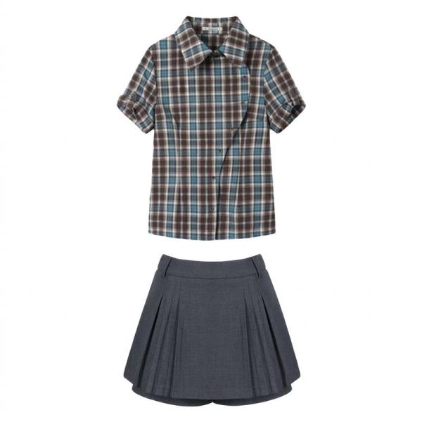 セットアップ ガーリー レディース 格子柄 半袖 ブラウス プリーツスカート 女の子 レトロ 制風 ...