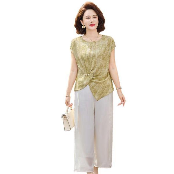 シニアファッション Tシャツ 中高年 レディース セットアップ 夏服 総柄 半袖 ブラウス 9分丈パ...