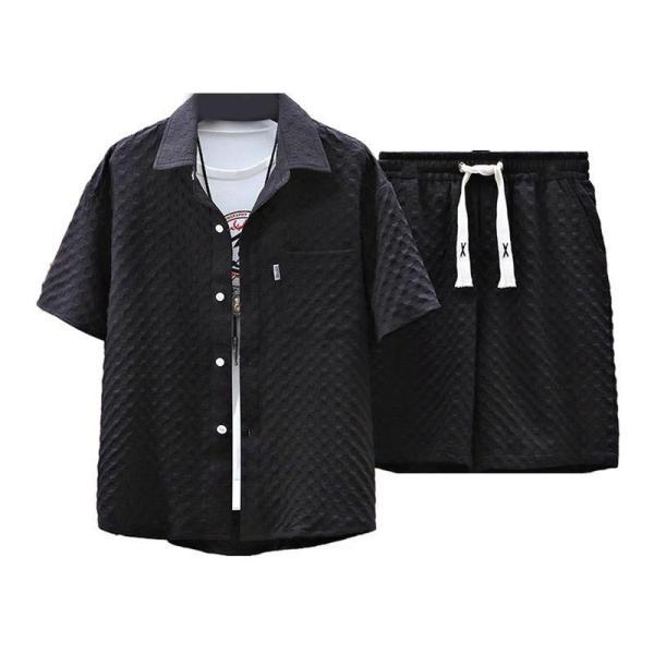 2点 上下セット メンズ アロハシャツ ビーチシャツ 半袖 ワッフル カジュアル トップス ハーフパ...