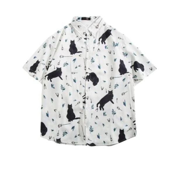メンズ 半袖シャツ ねこ柄 黒猫 アロハシャツ 夏服 ハワイ風 ビーチシャツ 日焼け防止 薄手 涼し...