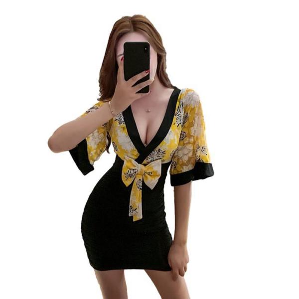 タイトワンピース キャバドレス vネック ミニワンピース 切り替え 和風 カシュクール ひざ丈 フェ...