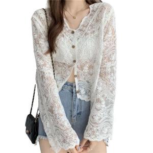 シャツ レディース カットソー シースルー トップス 総レース 長袖 透け透け 透かし編み 涼しい 夏 薄い 軽い 柔らかい UVカット