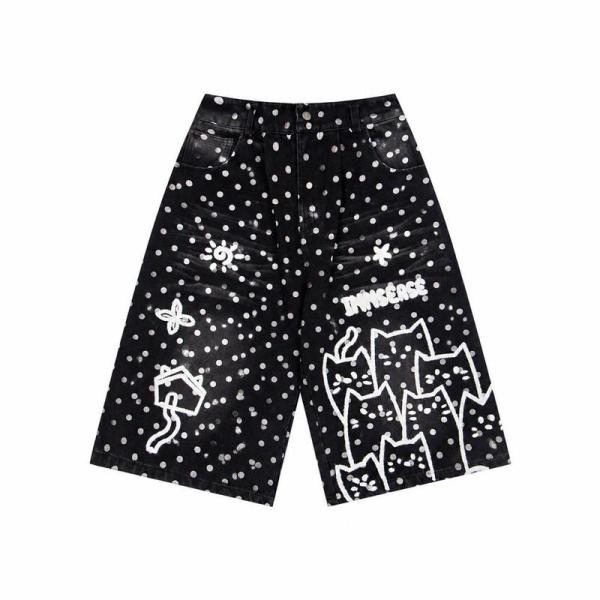ショートパンツ デニム ハーフパンツ 男女兼用 ストリート系 猫柄 ドット柄 クロップド ワイド ゆ...