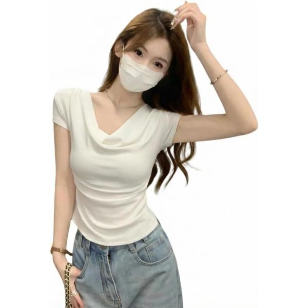 ドレープネック Tシャツ レディース セクシー カットソー 半袖 トップス タイト 春 夏 オフショ...