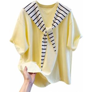 セーラーカラー Tシャツ レディース 半袖 ゆったり カットソー マリン風 トップス ボーダー スカーフ風 襟付き オーバーサイズ 丸首