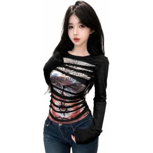 長袖Tシャツ カットソー レディース Y2K パンク ロック ダメージ加工 カットアウト レイヤード...