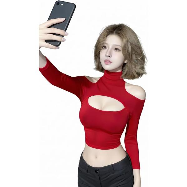 カットソー レディース セクシー トップス 肩出し 胸開き タイト 長袖 ハイネック 肌見せ 春 秋...