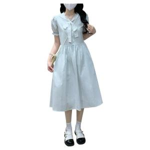 ワンピース ロング 体型カバー レディース 半袖 フリル襟 リボン Aライン パフスリーブ レトロ フェミニン ミモレ丈 カジュアル 旅行