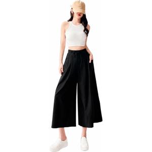 ワイドパンツ レディース ガウチョパンツ ハイウエスト 美脚 スカーチョ 8分丈 キュロット 落ち感 とろみ素材 ウエストリボン 無地