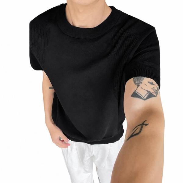 サマーニット メンズ ニットTシャツ 半袖 クルーネック 切り替え リブデザイン サマーセーター 薄...
