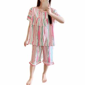 パジャマ レディース 半袖 上下セット ルームウェア 胸元二重 ひびきにくい 部屋着 夏 ゆったり レーヨン ストライプ柄 涼しい フリル