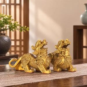 ヒキュウ 置物 貔貅 風水 招財 財運アップ 商売繁盛 玄関 【全長12cm】 真鍮製 古銭 ペア 一対 龍 厄除け 魔除け 開運招福