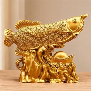 アロワナ 置物 風水 龍魚 招財 元宝 縁起物 商売繁盛 財運 玄関インテリア 合金製 オブジェ 古銭 厄除け オフィス 会社 開店祝い